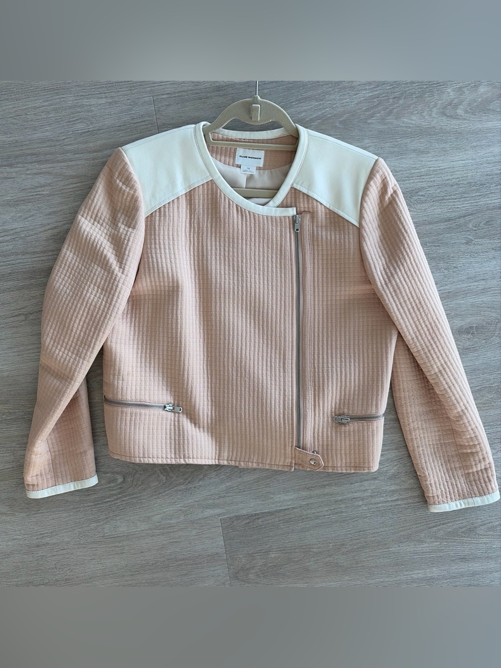 Club Monaco Moto Jacket Quilted Cropped Size 12 Leather Trim Pale Pink